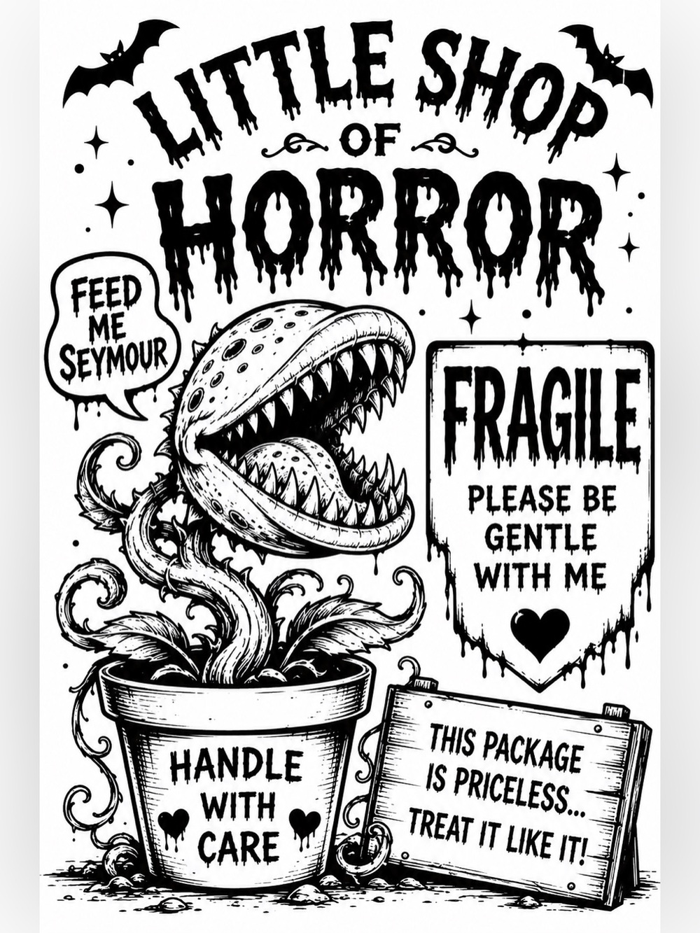 Little Shop of Horror Black & White Fragile Shipping Sticker